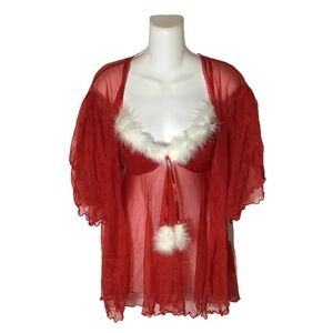 Sexy Santa Red Chiffon Babydoll Sheer Lingerie Nightgown Sleepwear 3pc Set, XL